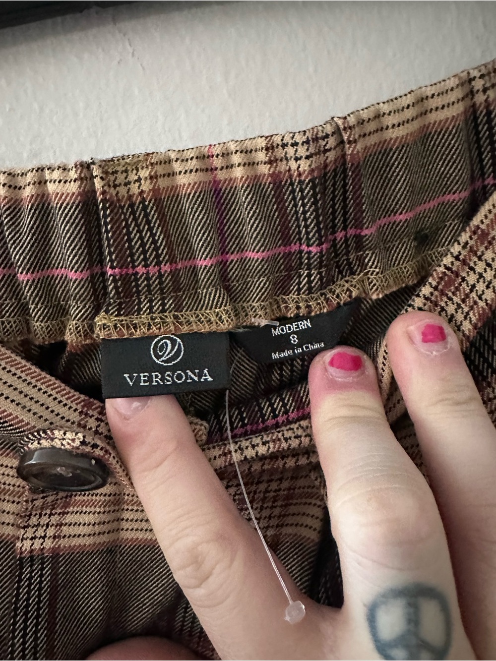 Versona Plaid Trousers Brown, Tan & Pink Accent wide leg with elastic waistband - Picture 3 of 4